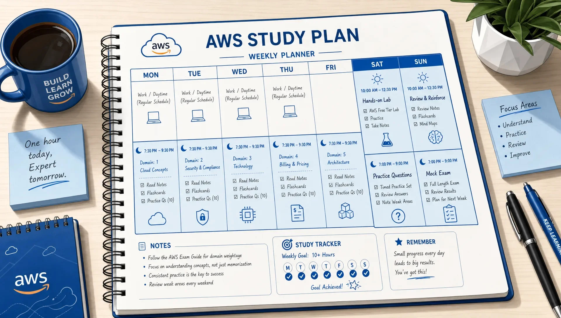 A weekly planner on a desk shows evening and weekend AWS study blocks with notes for domains, flashcards, labs, and practice questions.