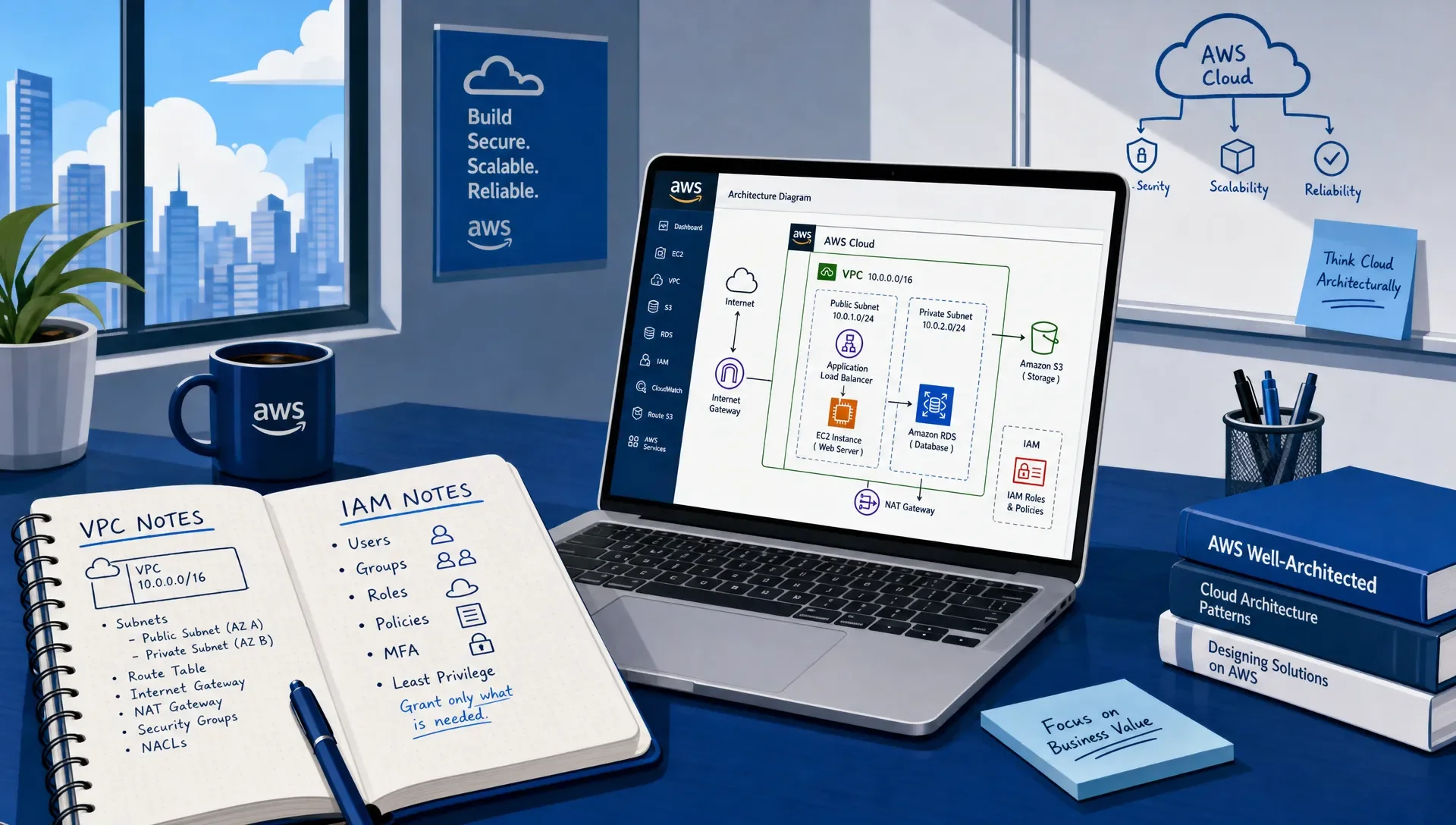 A cloud architecture workspace shows a notebook with VPC and IAM notes beside a laptop displaying an AWS architecture diagram.