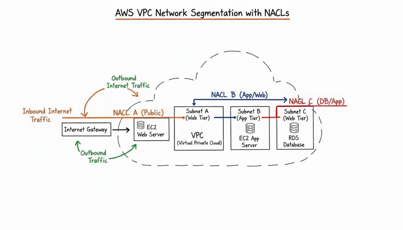 A diagram illustrating the layered security of an AWS VPC, showing security groups protecting instances and NACLs protecting subnets.