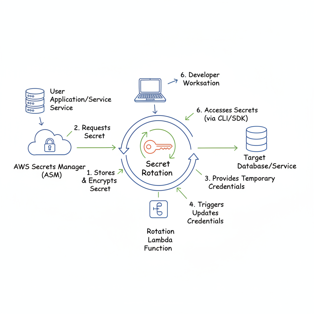 A graphic depicting AWS Secrets Manager securely storing and rotating secrets, with applications retrieving them at runtime.