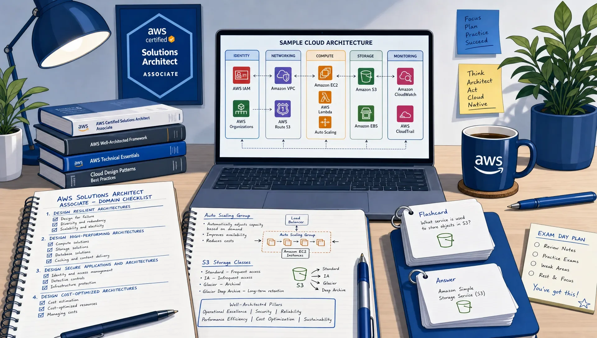 A study desk with an AWS certification domain checklist, notes, flashcards, and a laptop displaying a cloud architecture diagram.