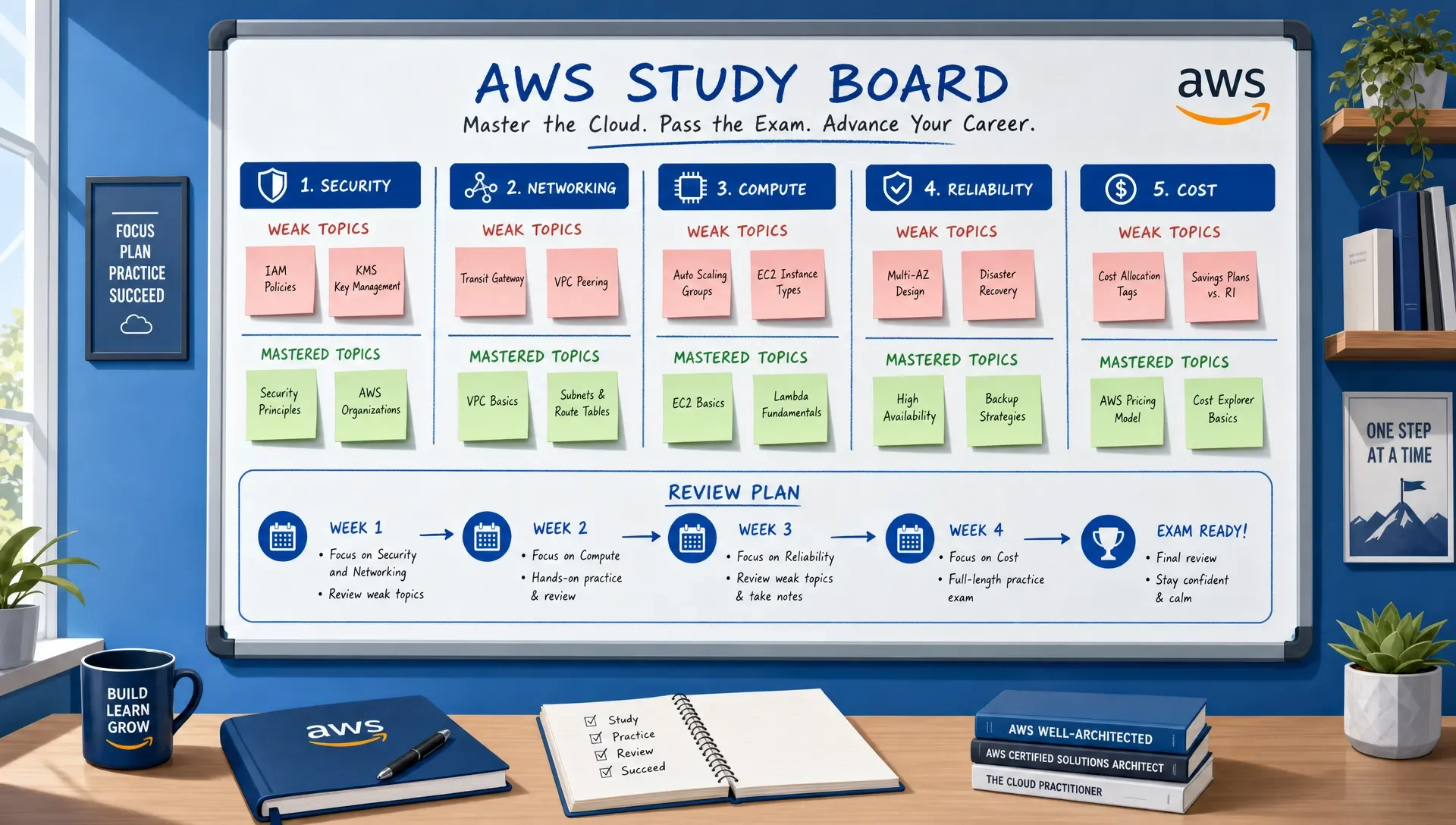 A study room wall board shows five AWS study domains: security, networking, compute, reliability, and cost, with sticky notes identifying weak and mastered topics.
