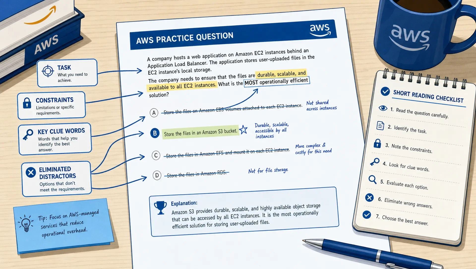 AWS practice question with annotations for task, constraints, and eliminations