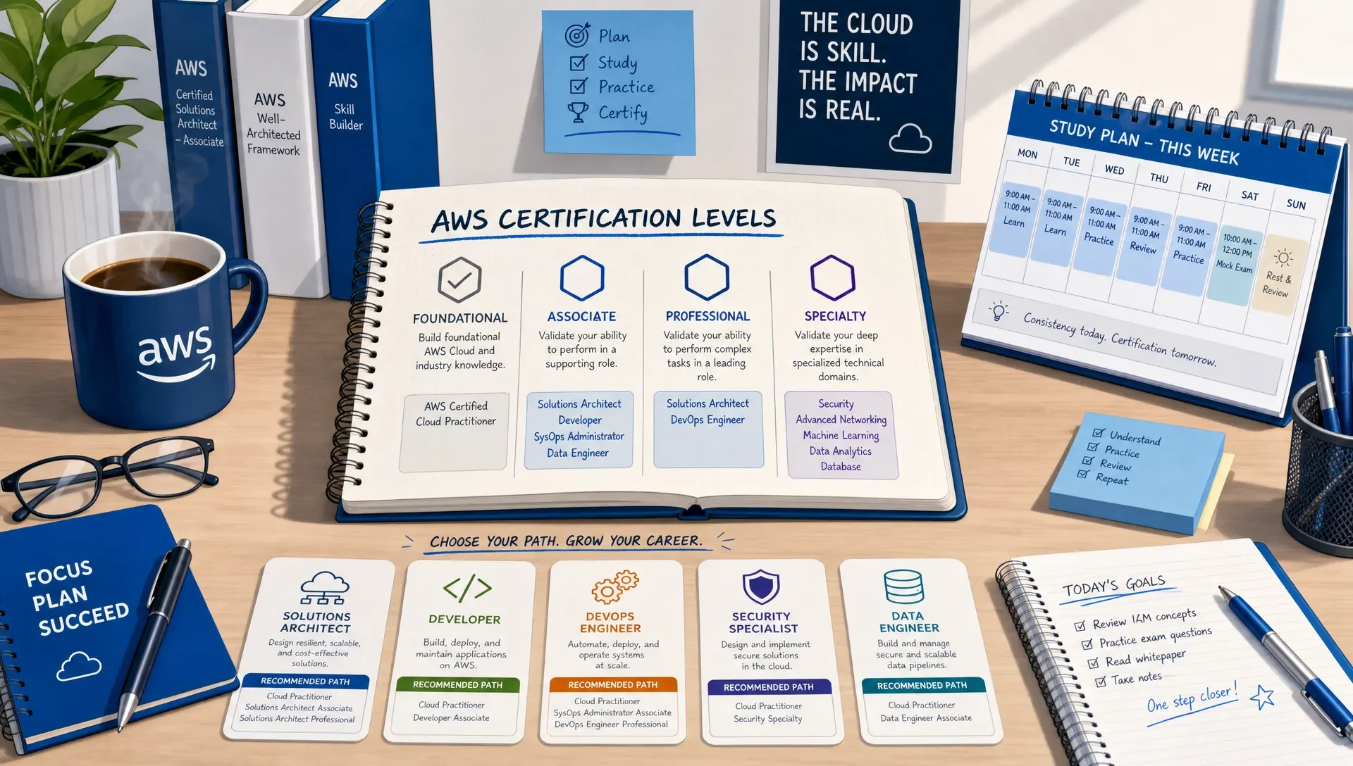 A study desk with AWS certification notes, coffee, and a calendar.