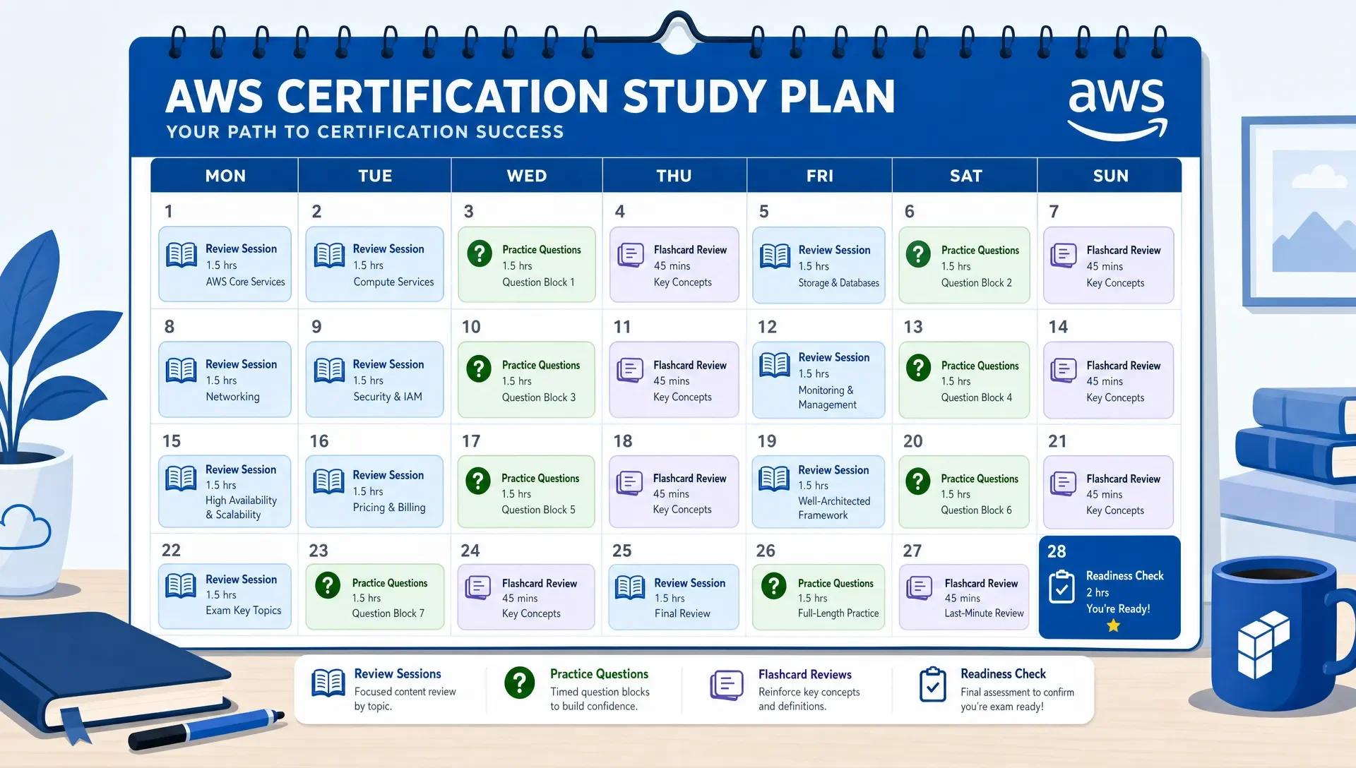 A wall calendar showing study blocks for AWS certification prep.