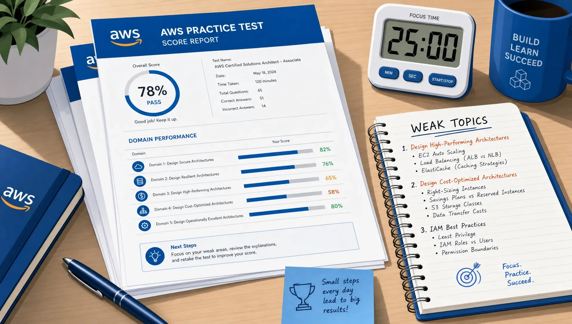 A desk with printed AWS practice test score reports, highlighted domain percentages, a notebook of weak topics, and a timer.