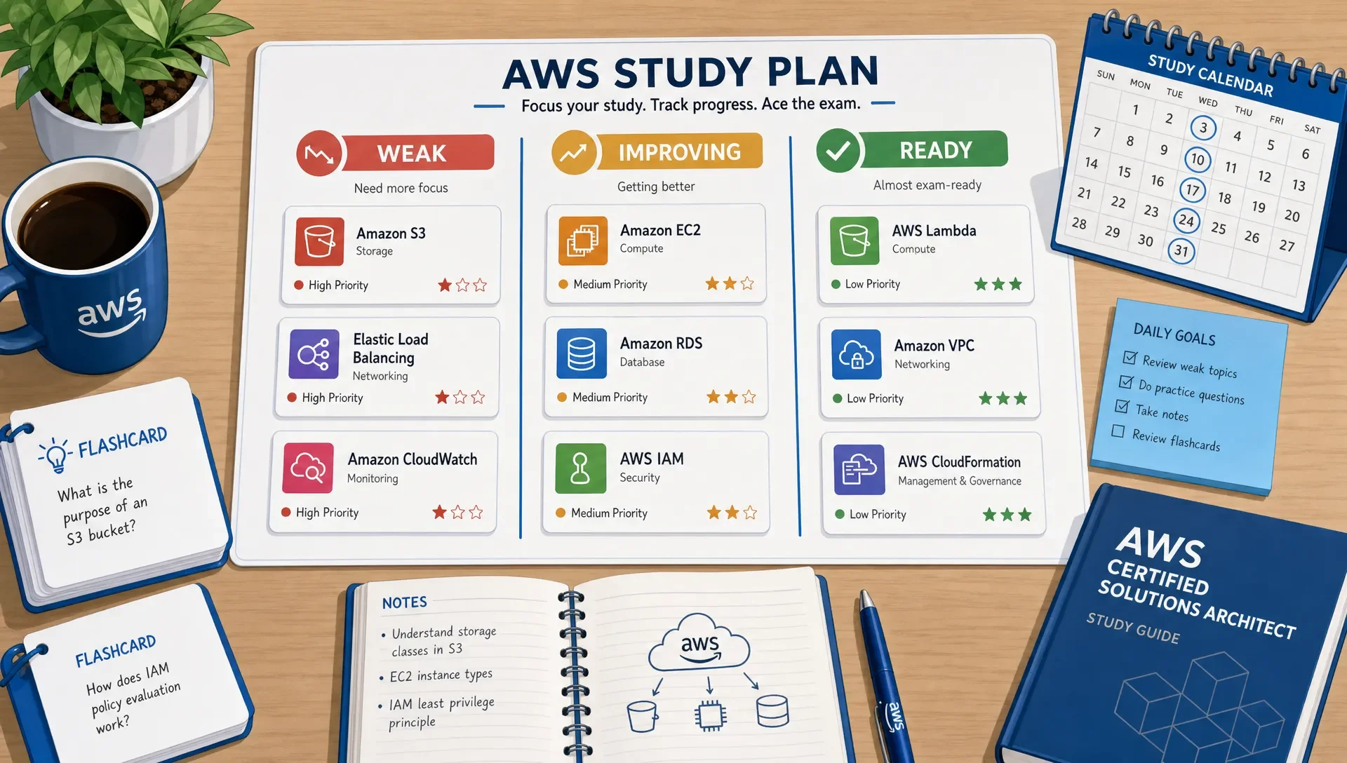 A study plan on a table groups AWS topic cards into weak, improving, and ready columns with flashcards and a calendar.