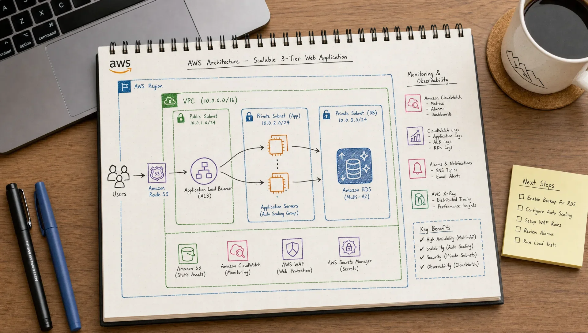An AWS architecture sketch on a desk showing a VPC, public and private subnets, a load balancer, application servers, a database layer, and monitoring notes beside a laptop.