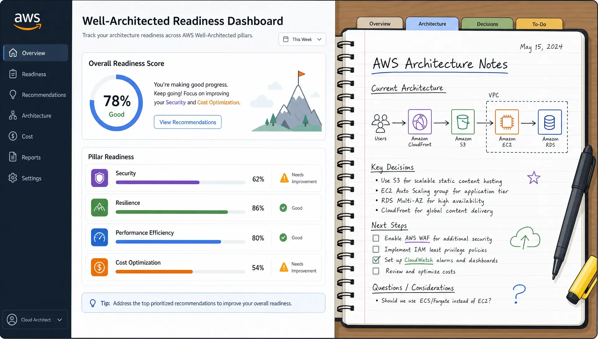 A readiness dashboard concept showing topic progress bars for security, resilience, performance, and cost optimization alongside a notebook of AWS architecture notes.