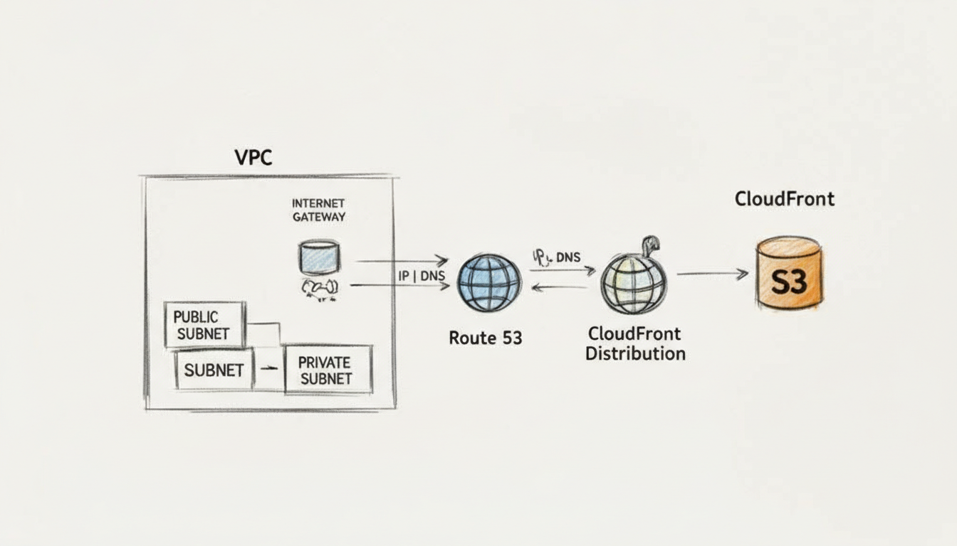 AWS architectural diagram showing content delivery from S3 via CloudFront, resolved by Route 53 within a VPC.
