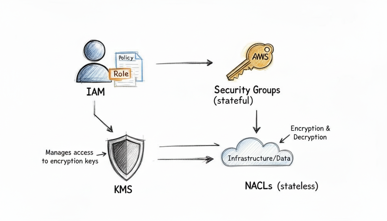Diagram showing AWS IAM roles and policies, Security Groups (stateful), KMS, and NACLs (stateless).