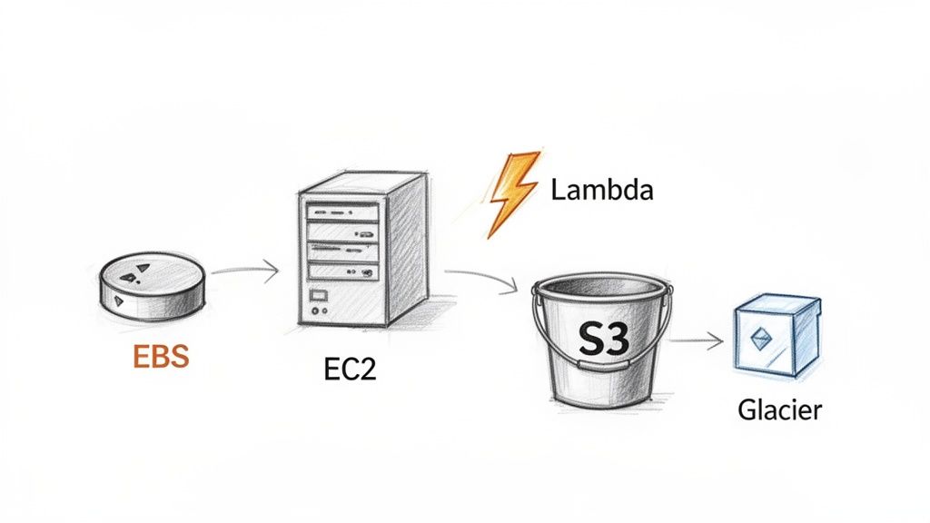 AWS architecture diagram showing data flow from EBS through EC2, Lambda, S3, to Glacier for storage.