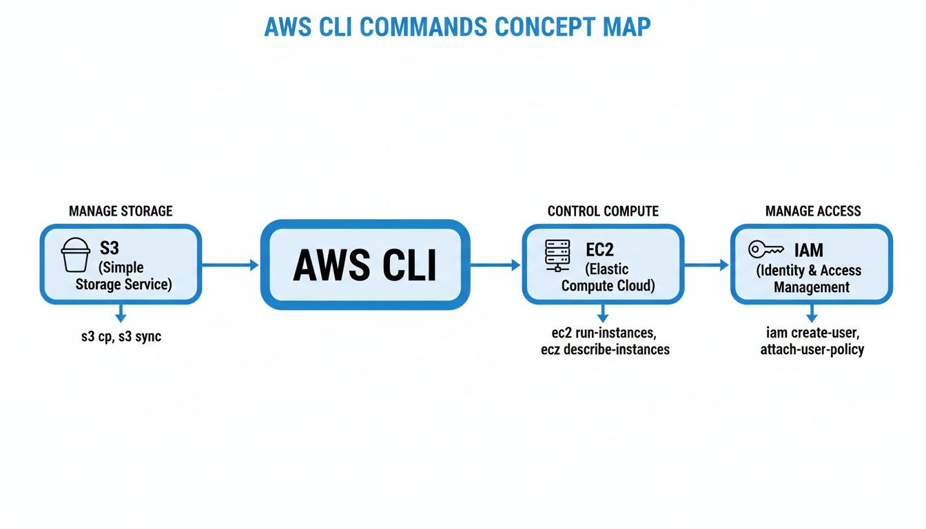 A concept map illustrating AWS CLI commands for S3 storage, EC2 compute, and IAM access management.