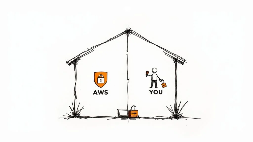 An infographic illustrating the weighting of the AWS Cloud Practitioner exam domains, with Technology & Services accounting for 34%, Security for 30%, and Cloud Concepts for 24%, emphasizing key areas of focus.