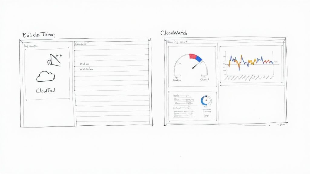 An abstract image showing interconnected data nodes, representing AWS CloudTrail and CloudWatch working together in a network.