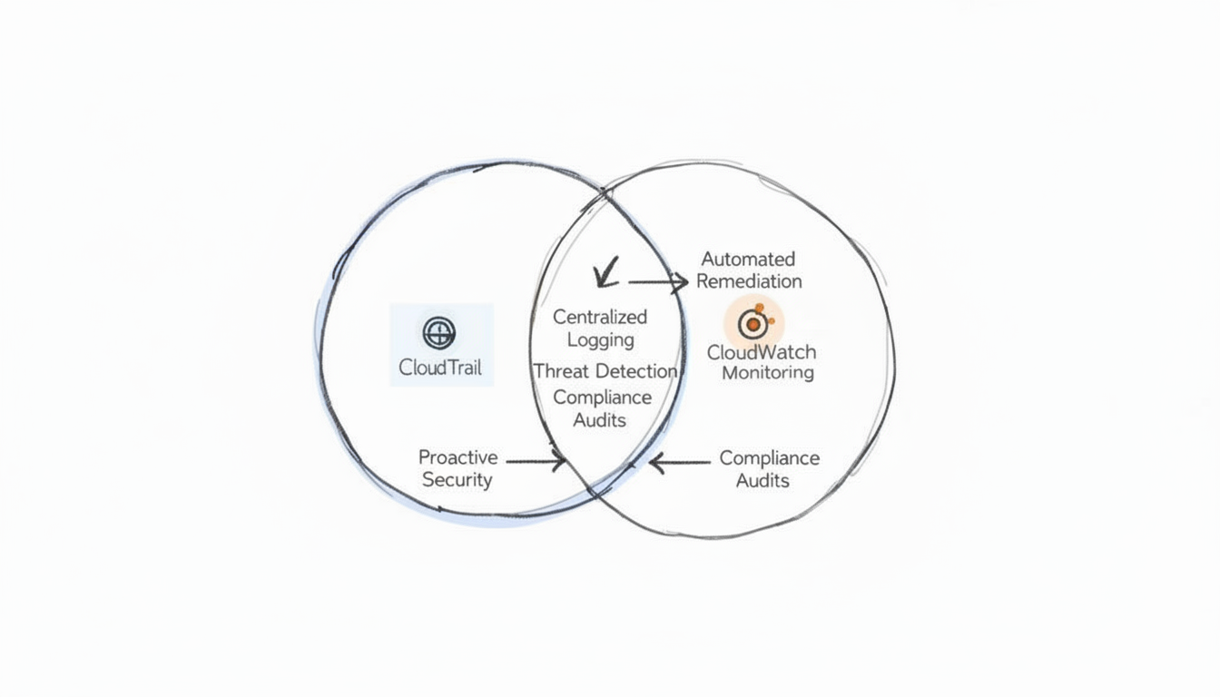 Two puzzle pieces, one labeled 'CloudTrail' and the other 'CloudWatch', fitting together to form a complete circle, symbolizing their complementary nature.