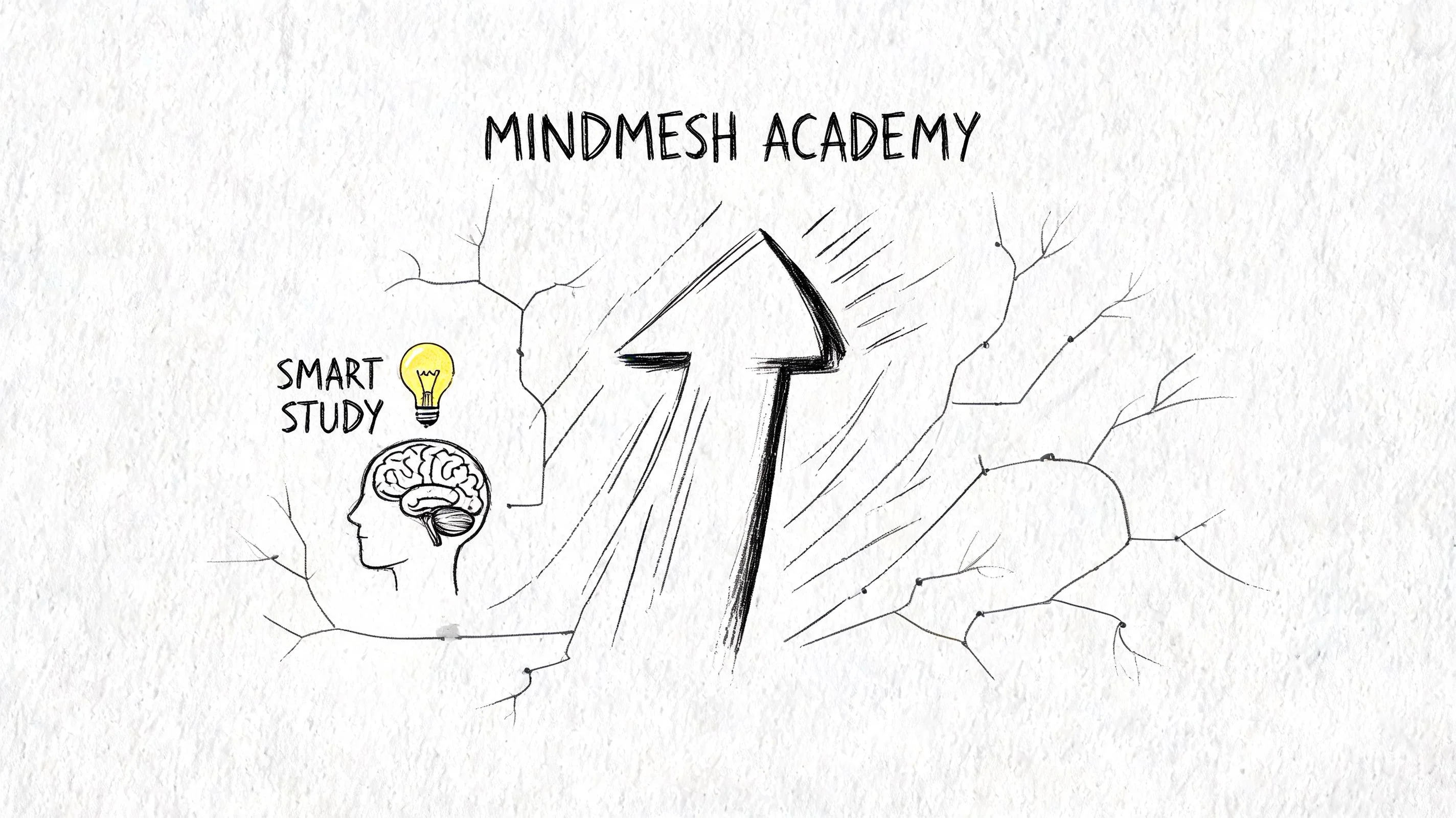 Sketch for Mindmesh Academy with brain, lightbulb, upward arrow.