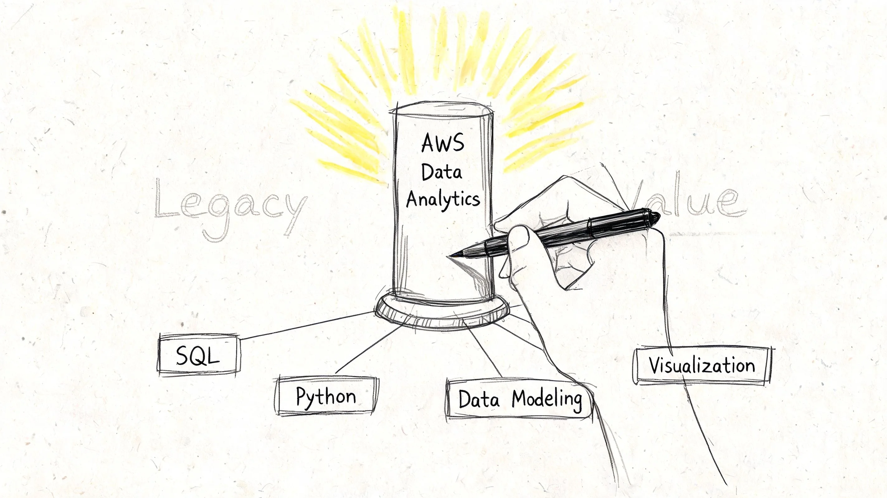 Diagram showing AWS data analytics components: SQL, Python, Data Modeling, Visualization.