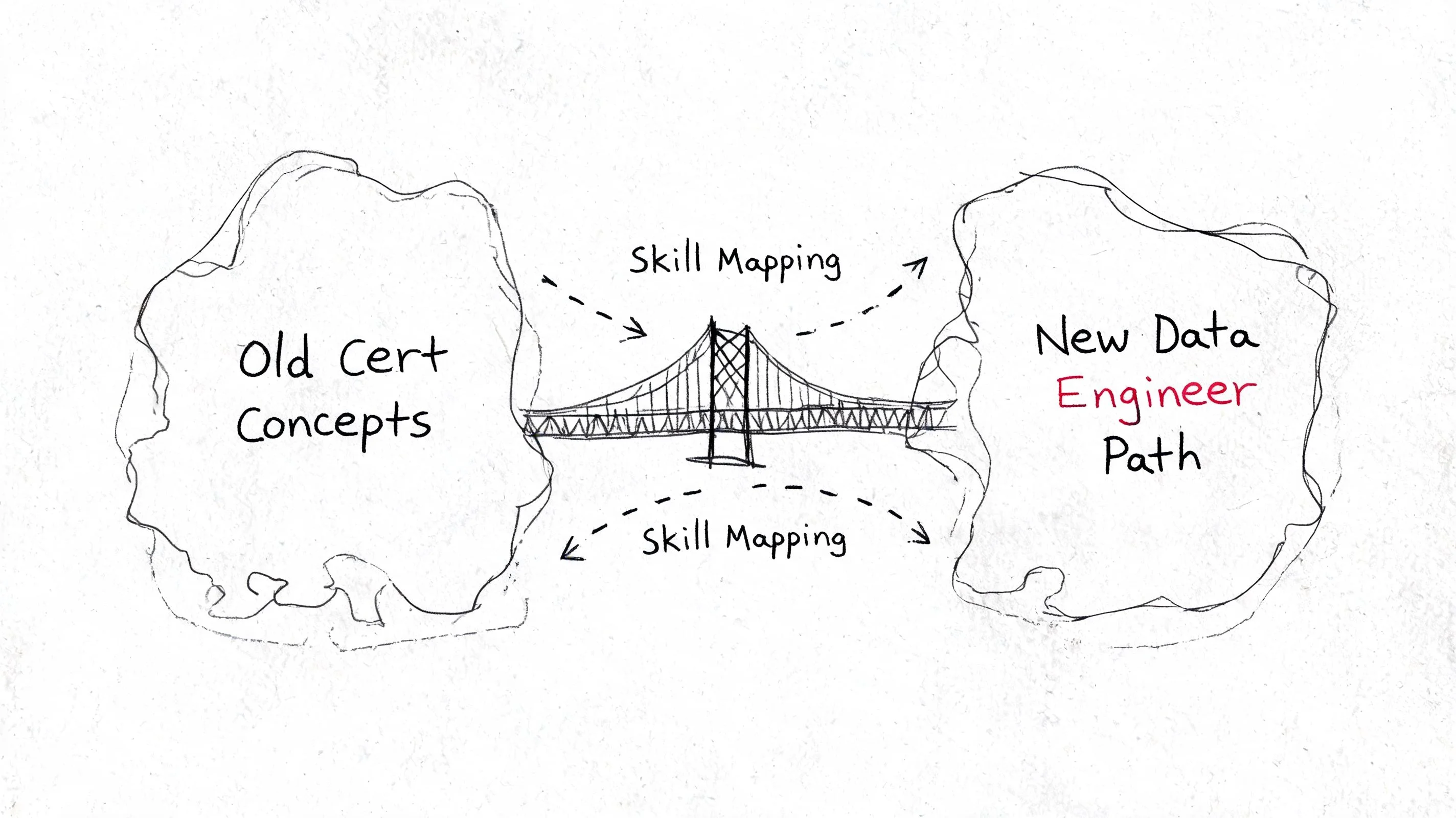 Sketch showing transition from old cert concepts to new data engineer path.