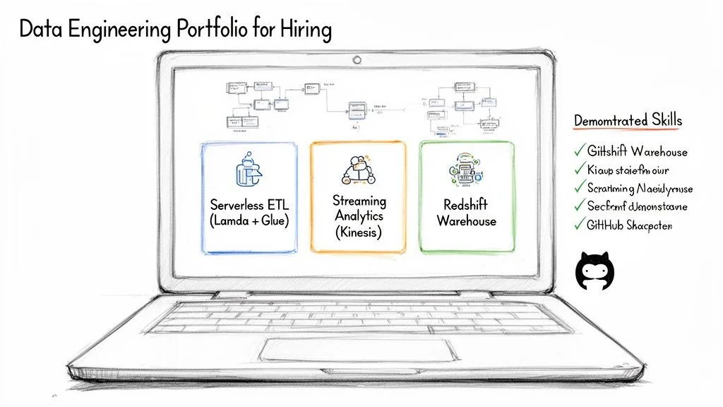 Laptop displaying a data engineering portfolio with AWS services: Serverless ETL, Streaming Analytics, and Redshift Warehouse.