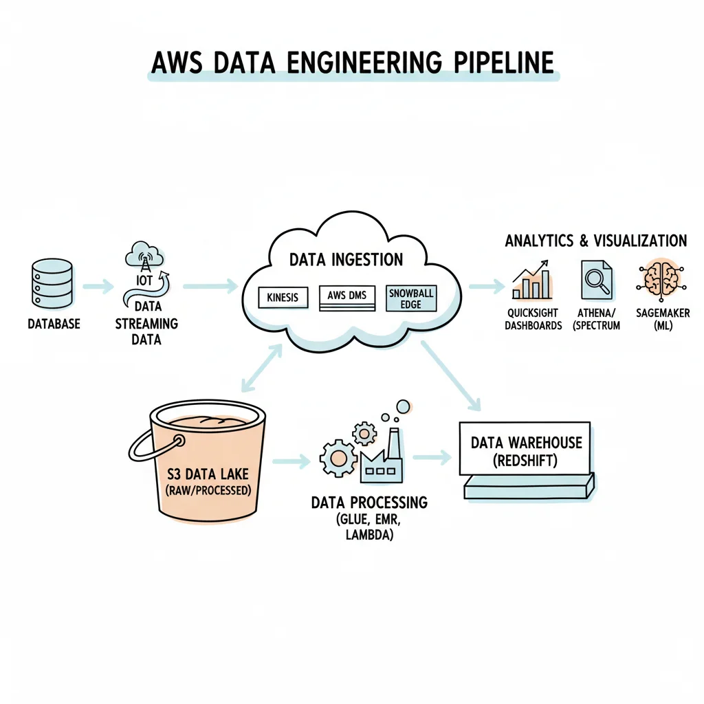 An AWS Data Engineer interacts with cloud services, S3 bucket, data warehouses, and analytics dashboards in a conceptual landscape.