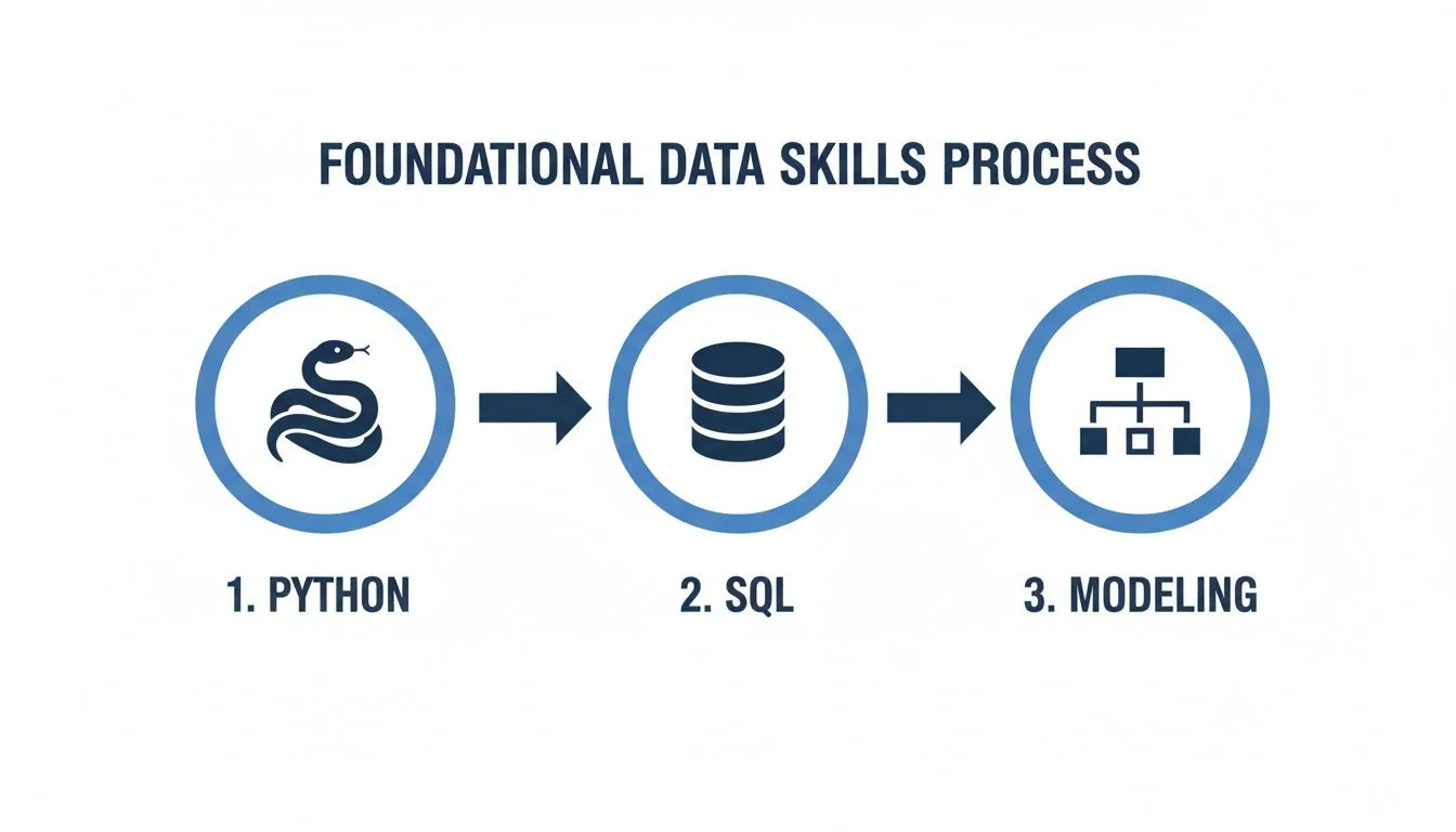A diagram illustrates the foundational data skills process with three steps: Python, SQL, and Modeling, connected by arrows.