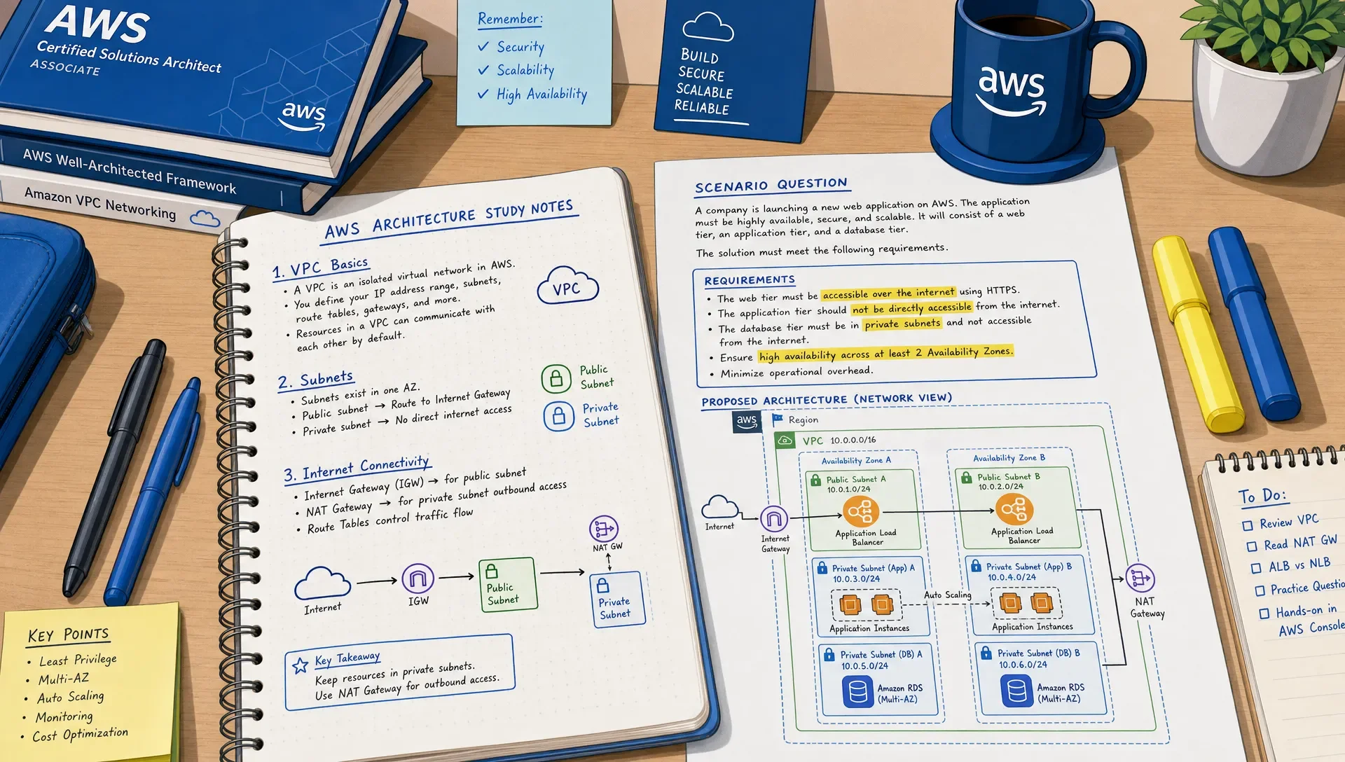 Desk with AWS study notes, highlighted scenario, and a cloud network sketch.