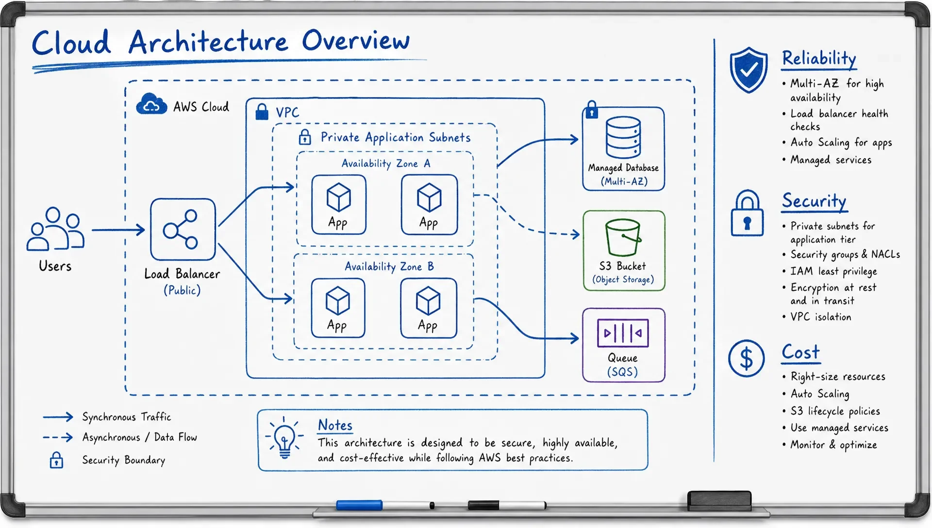 Whiteboard sketch of cloud architecture components with reliability, security, and cost notes.