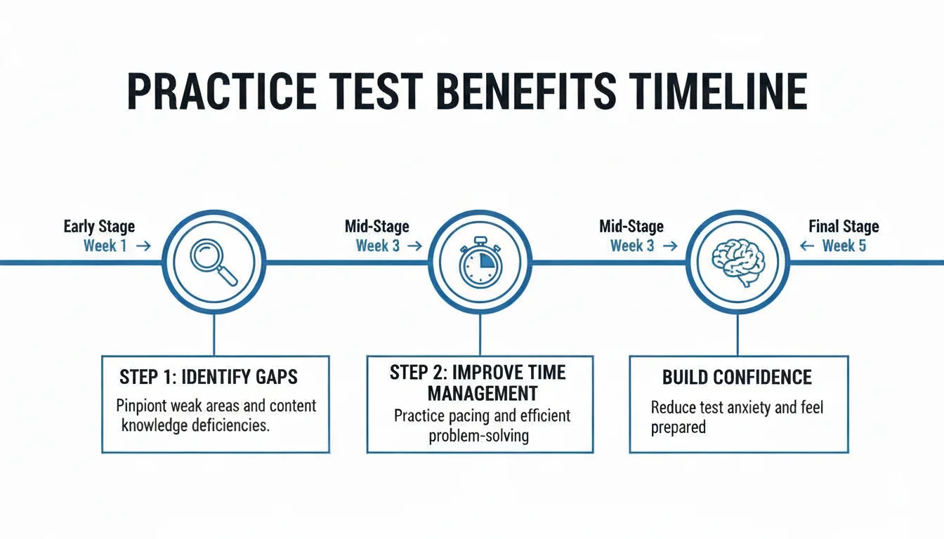 A practice test benefits timeline showing three stages: identifying gaps, improving time management, and building confidence.