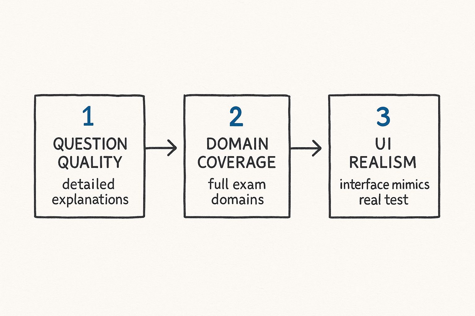 Infographic showing the process flow for evaluating AWS practice tests with three connected boxes: Question Quality, Domain Coverage, and UI Realism.