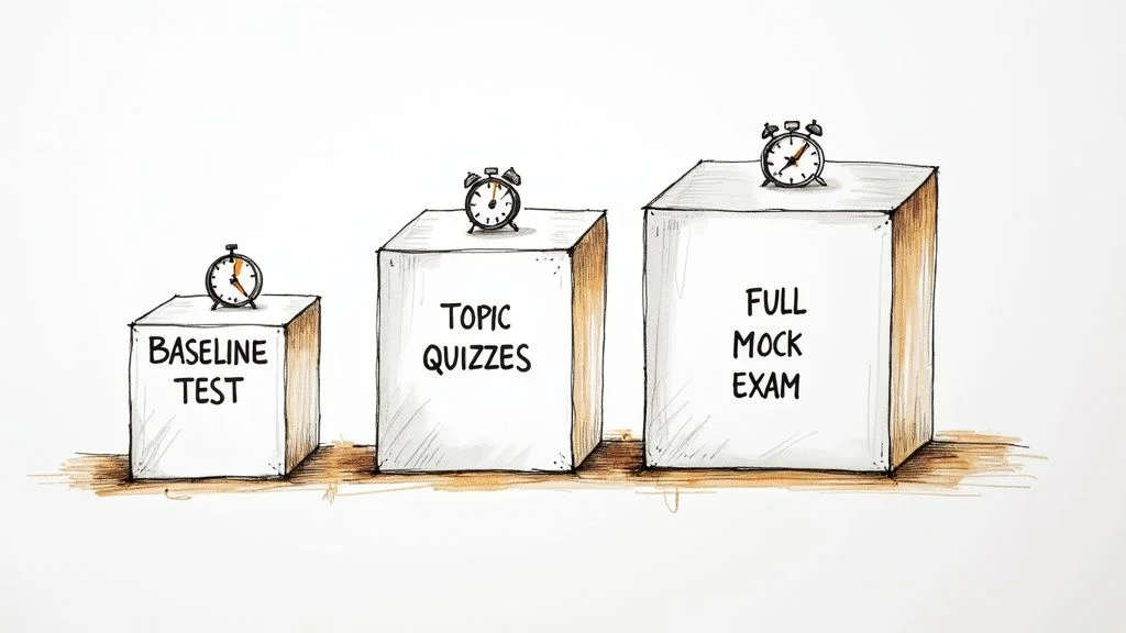 Infographic showing the process flow for evaluating AWS practice tests with three connected boxes: Question Quality, Domain Coverage, and UI Realism.