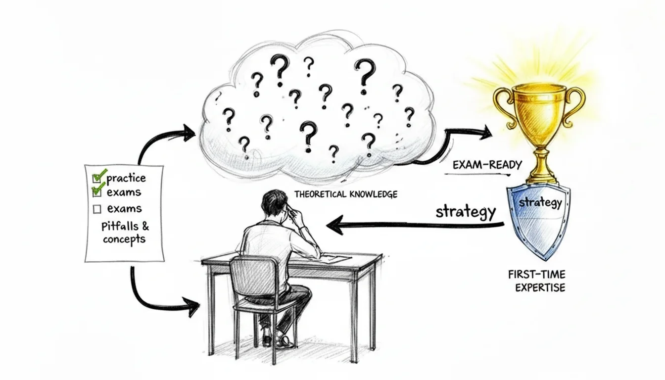 Hand-drawn illustration depicting a person using practice and strategy to overcome exam challenges for success.