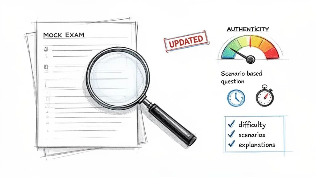 An illustration of a mock exam, showing updated content, high authenticity, scenario-based questions, and detailed explanations.