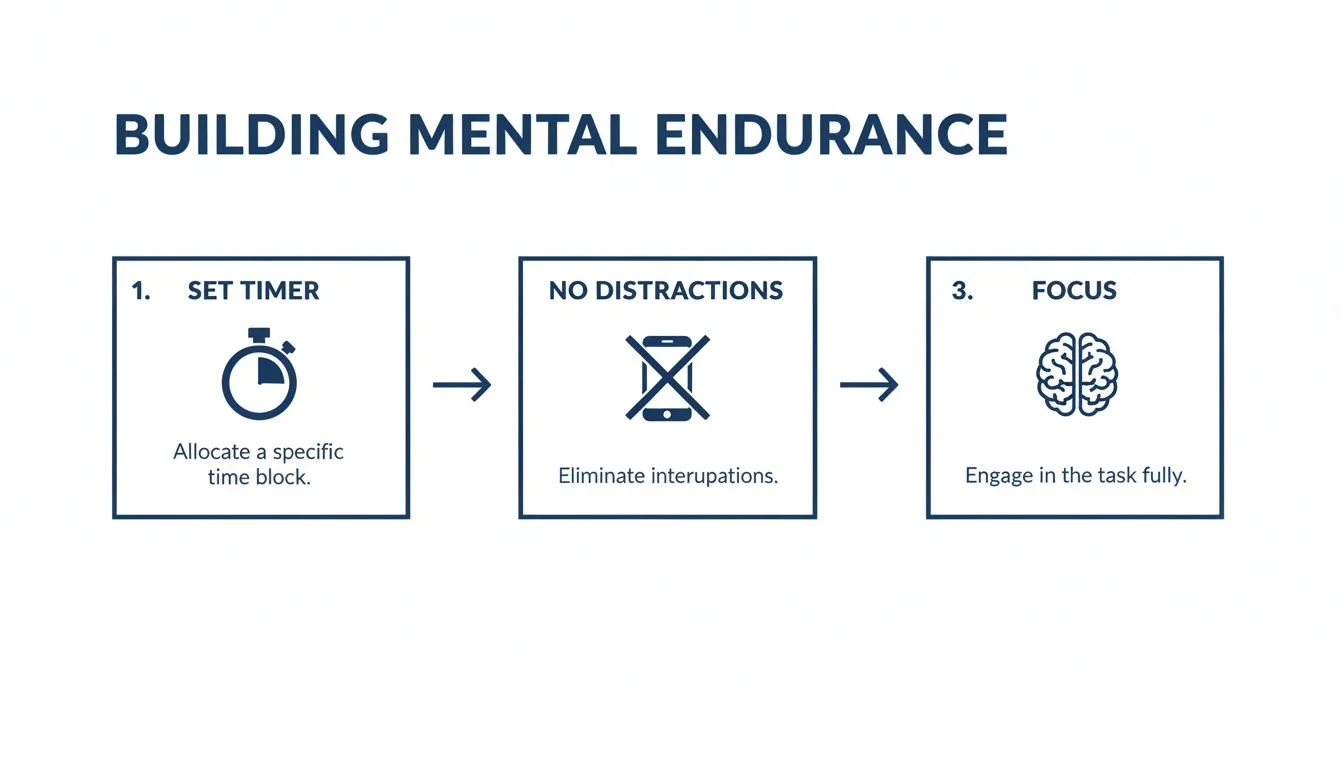 Steps to build mental endurance: set a timer, eliminate distractions, and focus on the task.