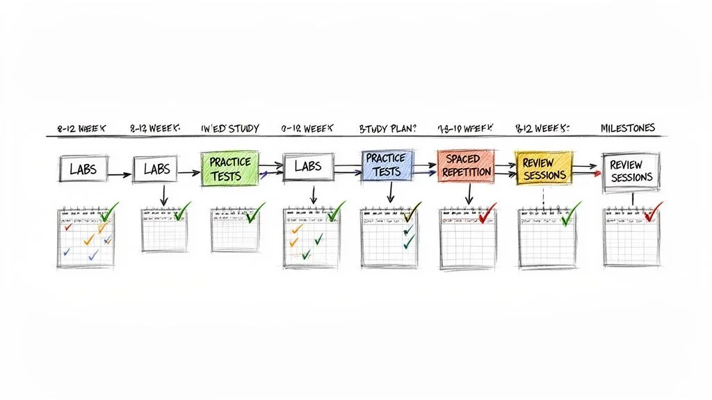 Flowchart illustrating a study plan with labs, practice tests, spaced repetition, and review sessions over several weeks.
