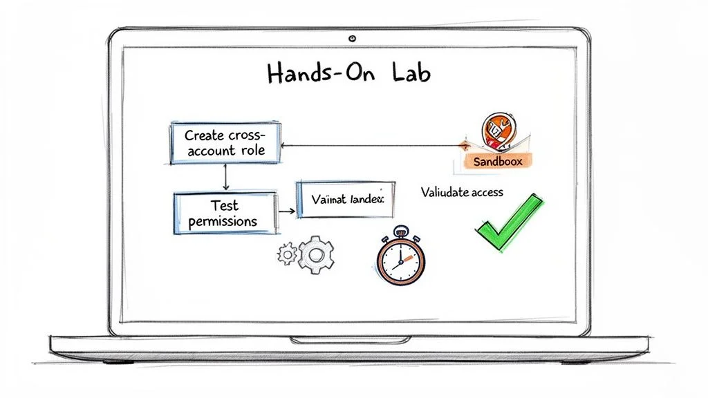 A laptop screen shows a Hands-On Lab diagram detailing cross-account role creation, testing, and access validation.