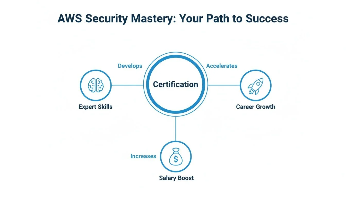 A diagram showing AWS Security Certification develops expert skills, accelerates career growth, and increases salary.