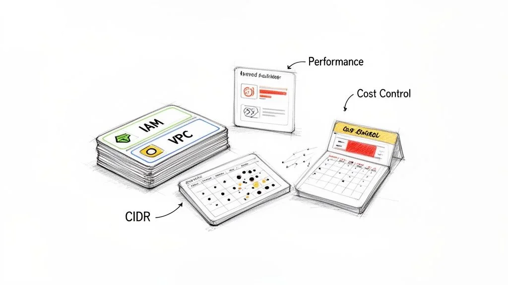 A hand-drawn sketch illustrating cloud architecture concepts, including IAM, VPC, Performance, Cost Control, and CIDR.