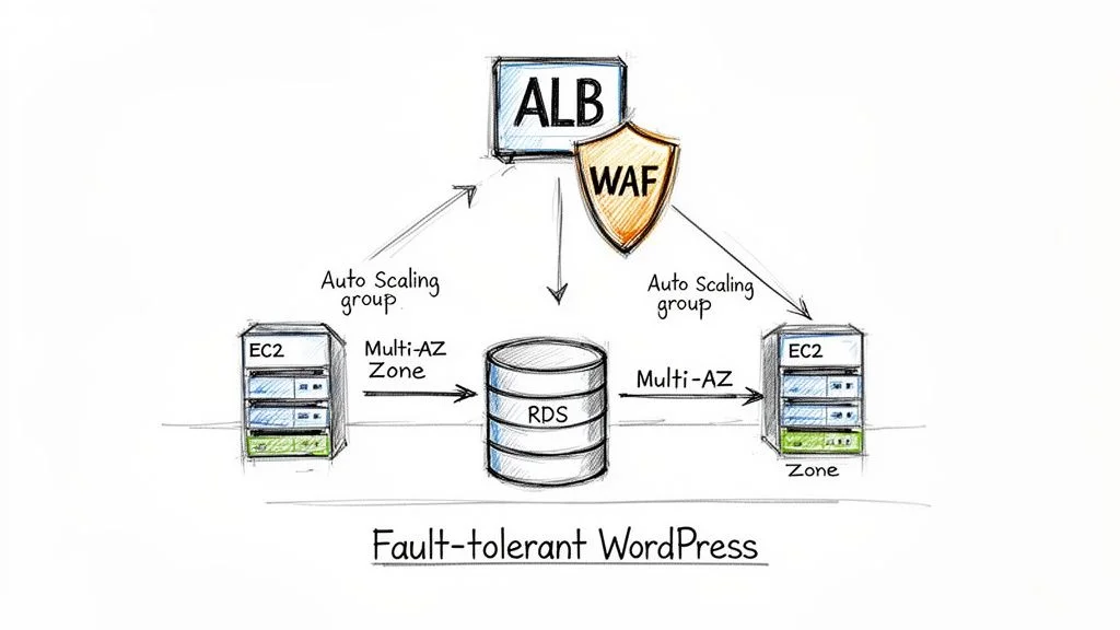 Cloud architecture diagram depicting a fault-tolerant WordPress setup using AWS services like ALB, WAF, EC2, and RDS.