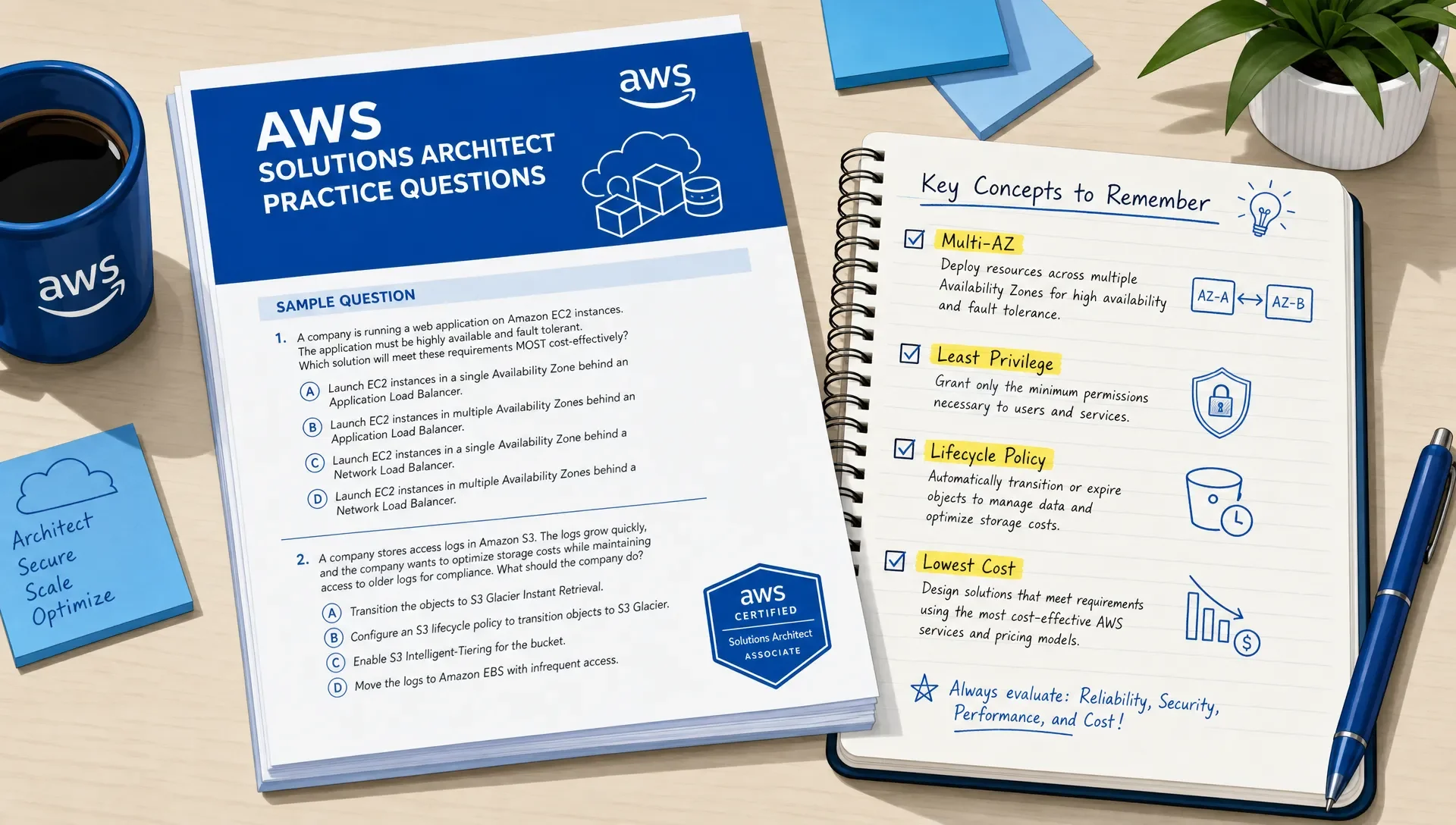 A printed set of AWS Solutions Architect practice questions sits beside a notebook with highlighted clue words such as Multi-AZ, least privilege, lifecycle policy, and lowest cost.