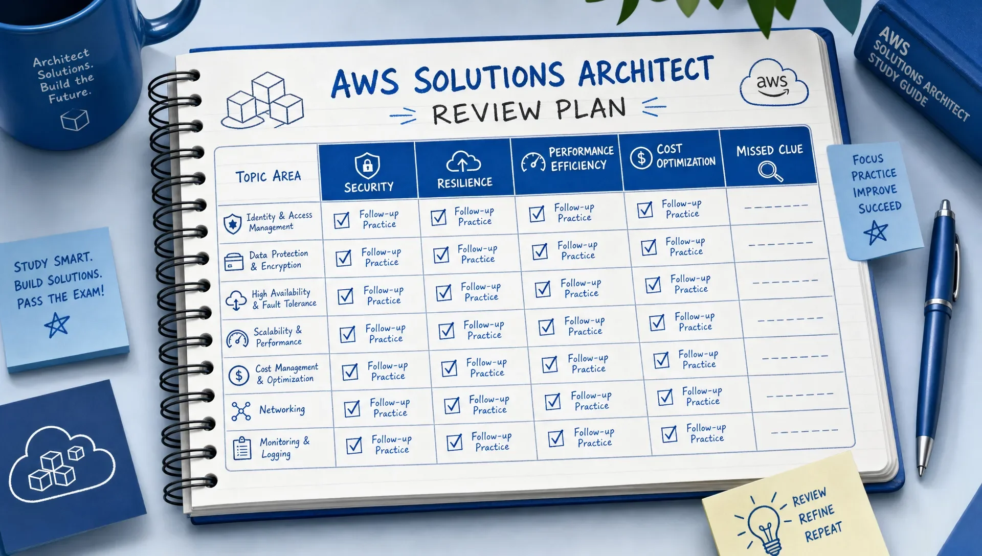 A study notebook shows an AWS Solutions Architect review plan with columns for security, resilience, performance, cost optimization, and missed clue, with several rows marked for follow-up practice.