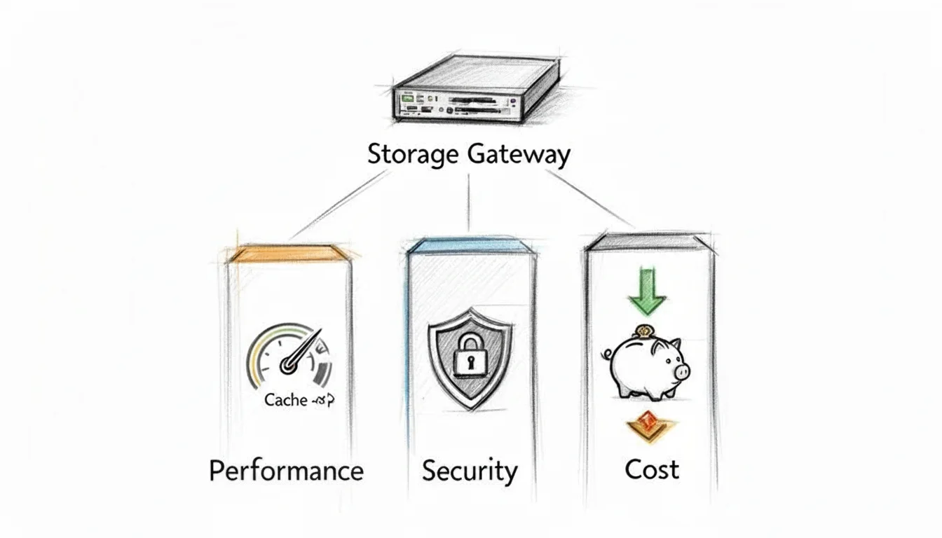 Diagram showing a Storage Gateway connected to Performance (cache), Security (lock shield), and Cost (piggy bank with down arrow).