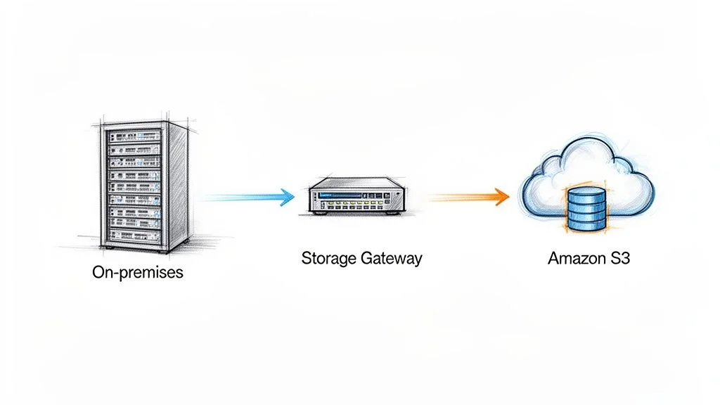 Diagram illustrating data transfer from on-premises storage through Storage Gateway to Amazon S3.