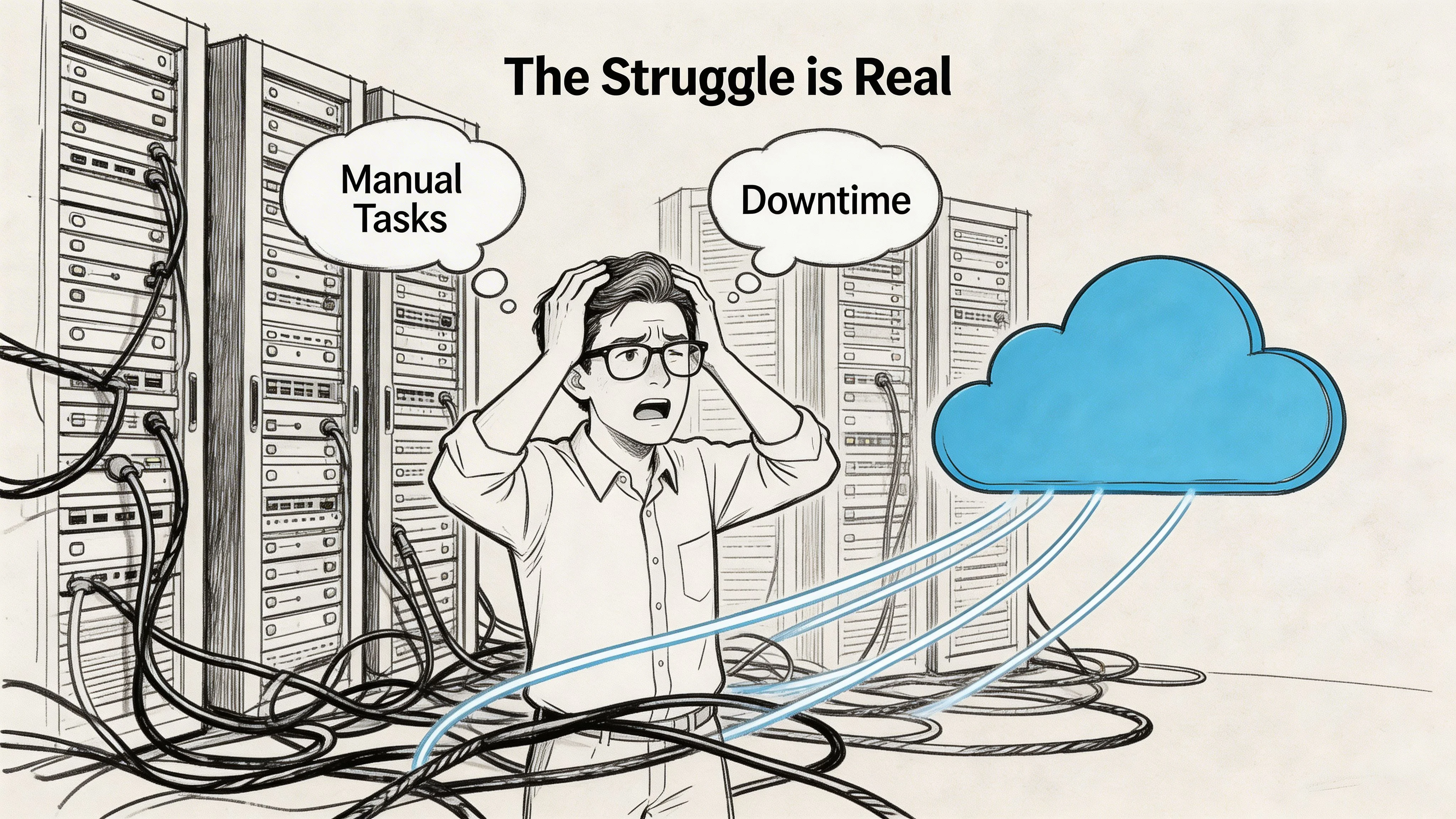 A distressed IT professional standing amidst tangled server cables representing challenges with manual tasks and downtime.