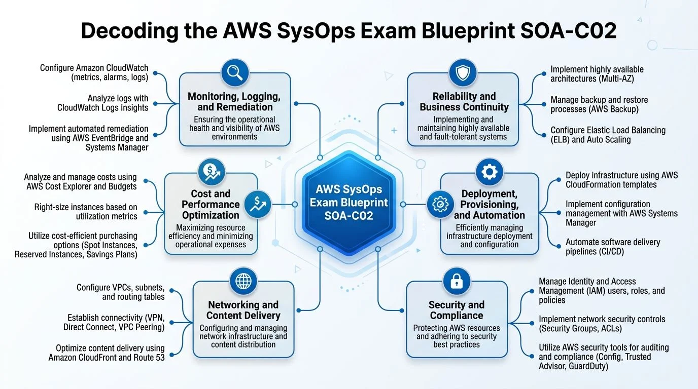A diagram illustrating the key domains and topics covered in the AWS SysOps Administrator SOA-C02 certification exam.