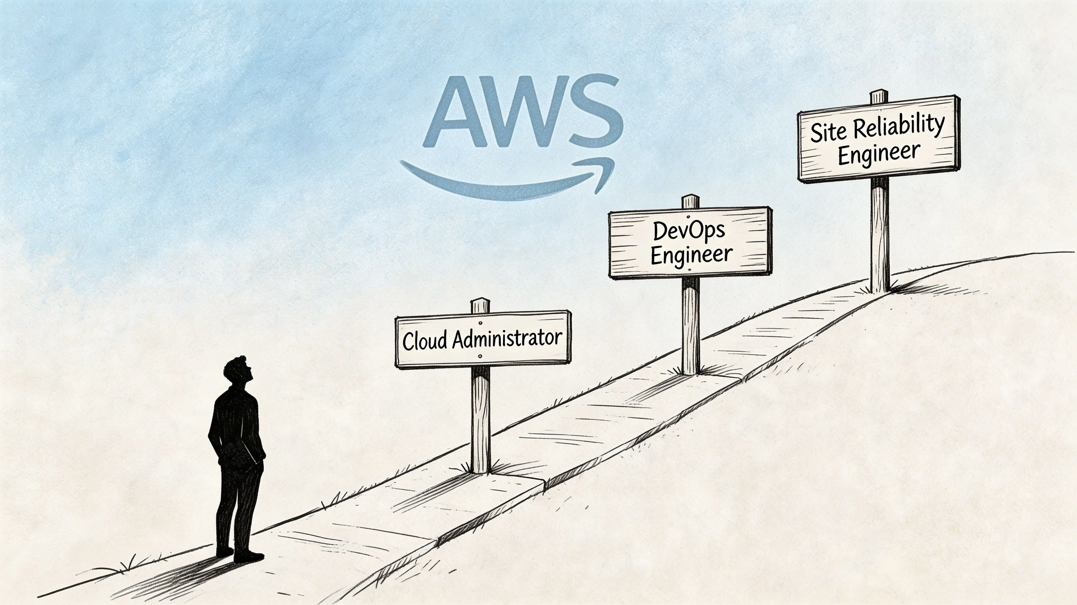 A person standing on a path looking up at signposts for AWS cloud career roles.