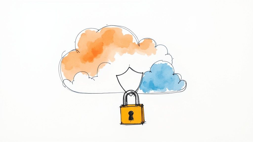 Two professionals discussing cloud strategy with AWS and Azure logos in the background