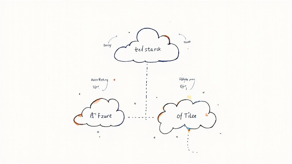 A stylized diagram comparing cloud services like AWS, Azure, and GCP through interconnected components, emphasizing the choice involved.