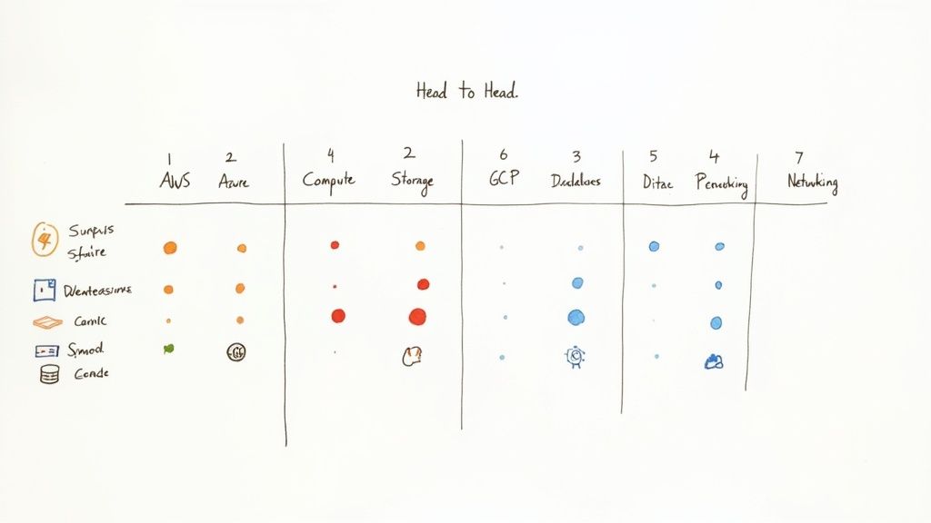 An illustrative diagram comparing core cloud services across AWS, Azure, and GCP, segmented by categories like compute, storage, and networking.
