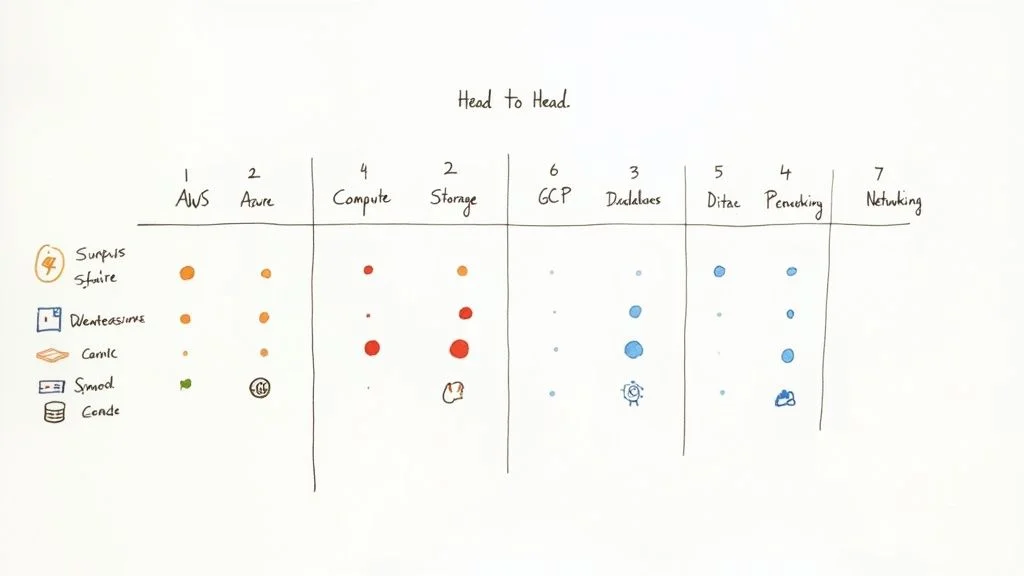 An illustrative diagram comparing core cloud services across AWS, Azure, and GCP, segmented by categories like compute, storage, and networking.